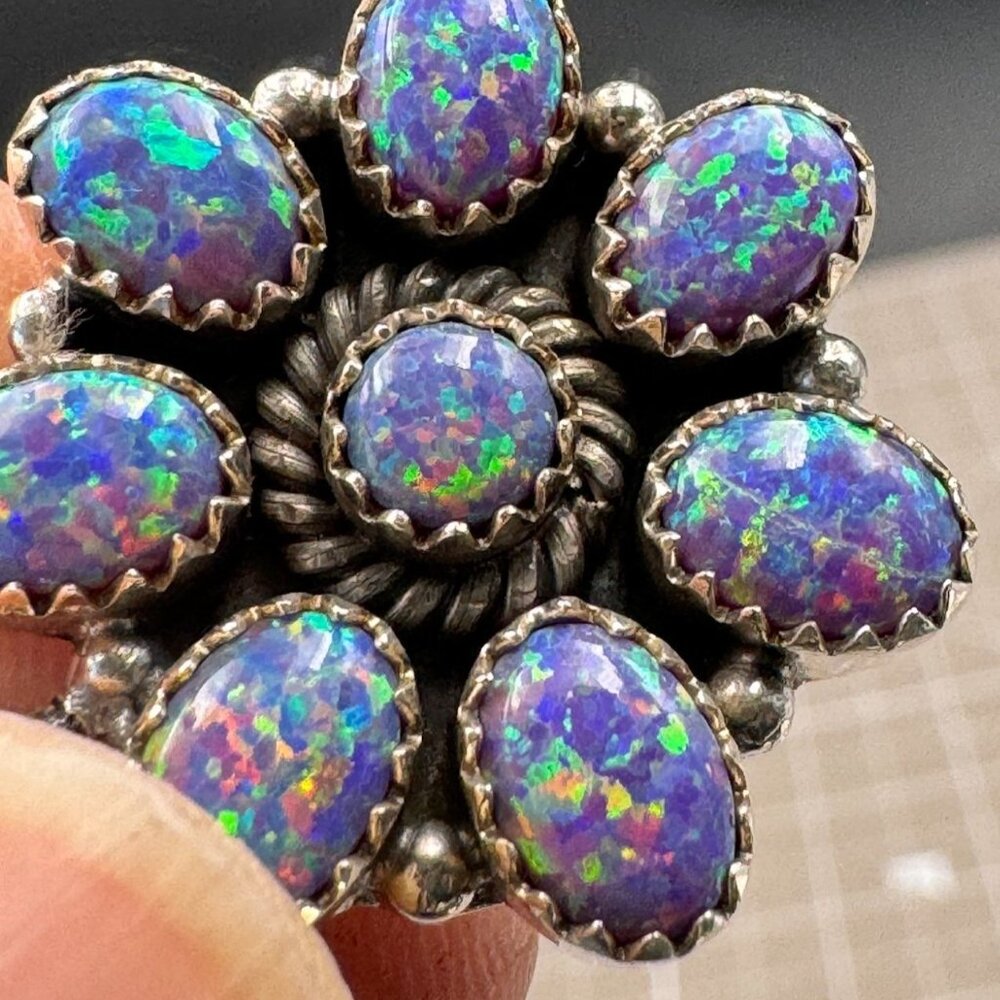 Lab Created Opal Iridescent Triple Floral Multi Stone Sterling Dangle Earrings - Picture 11 of 11
